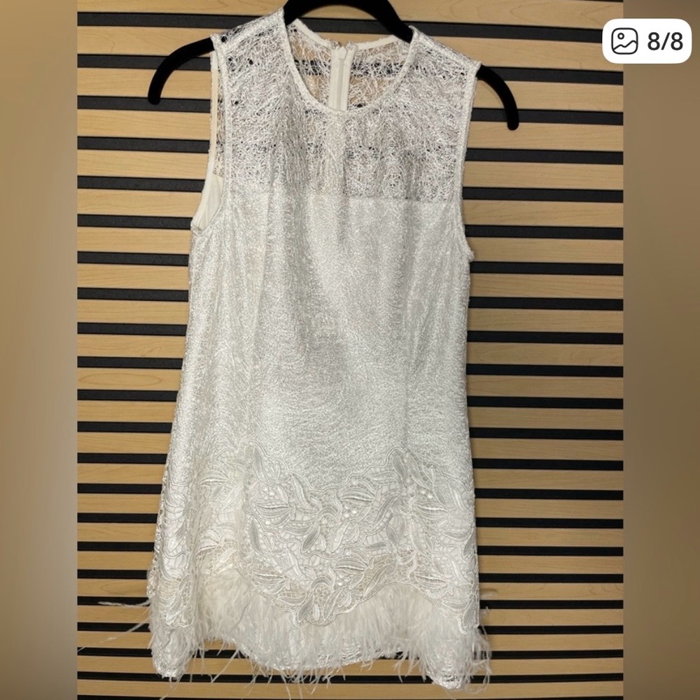 Alexis Elegant White Lace Dress with Feather Hem